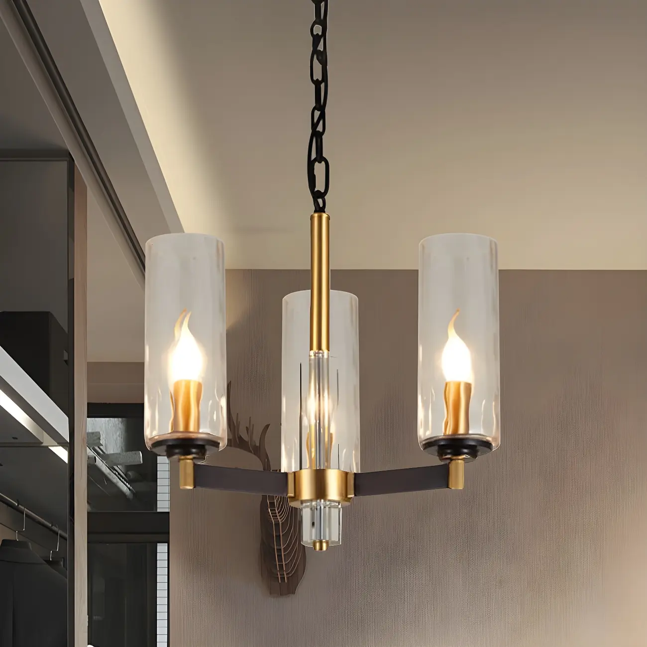 Modern Stylish Black-Gold Cylinder Glass Chandelier