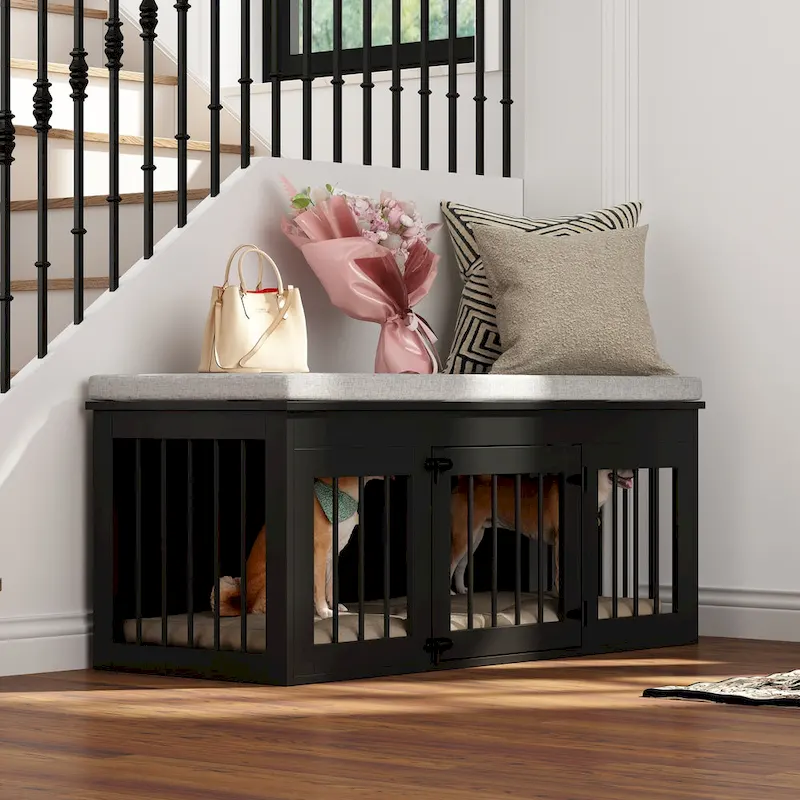 Chic Pet Haven: Luxe Wooden Dog Crate & Designer Home Bench - 47.2