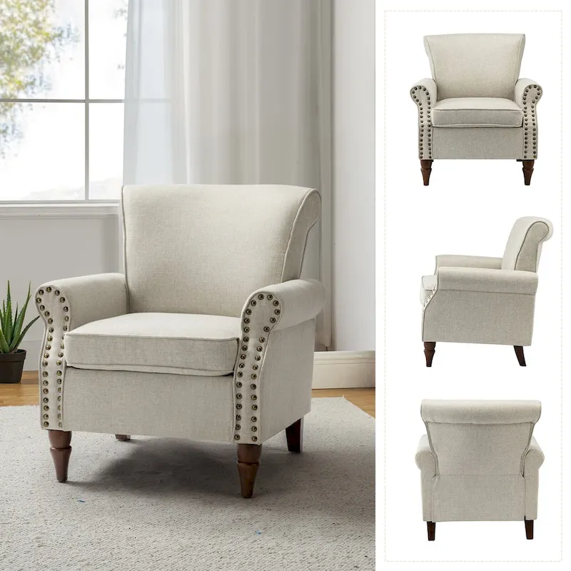 Upholstered Comfy Accent chair with Turned Wooden Legs and Nailhead Trim Set of 2 by