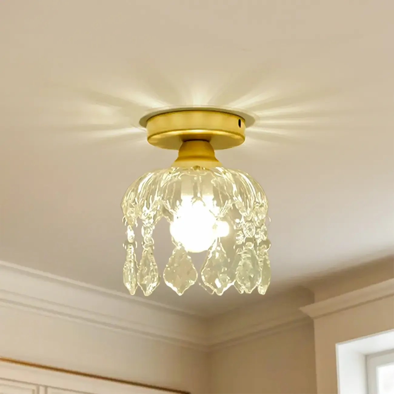 Modern Mini Semi Flush Mount Gold Crystal Ceiling Light