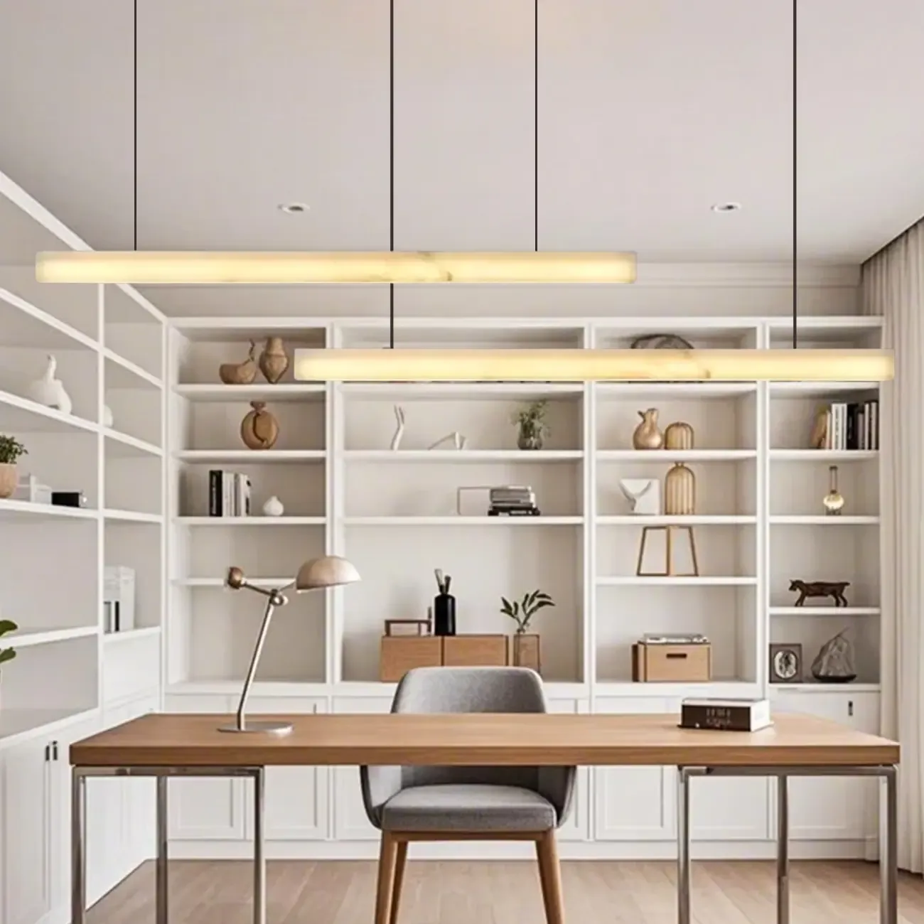 White Stone Linear LED Island Pendant Light In Rectangle Shape