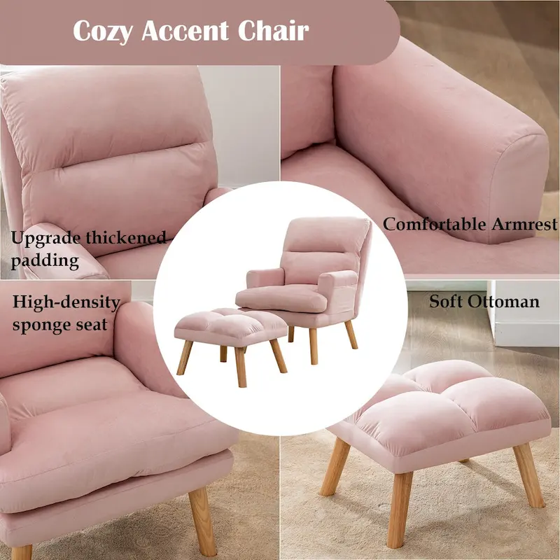 Velvet Fabric Armchair with Ottoman with Adjustable Backrest and Side Pockets