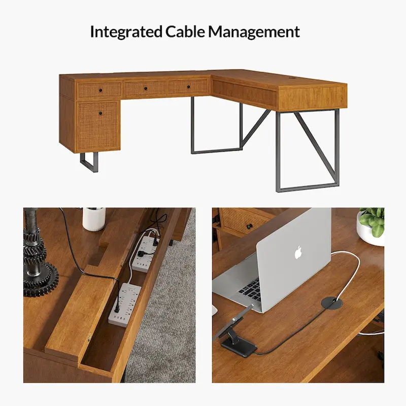 Alfons Industrial L-shaped Lift Top Cane Executive Office Desk with Drawers and Built-In Outlets