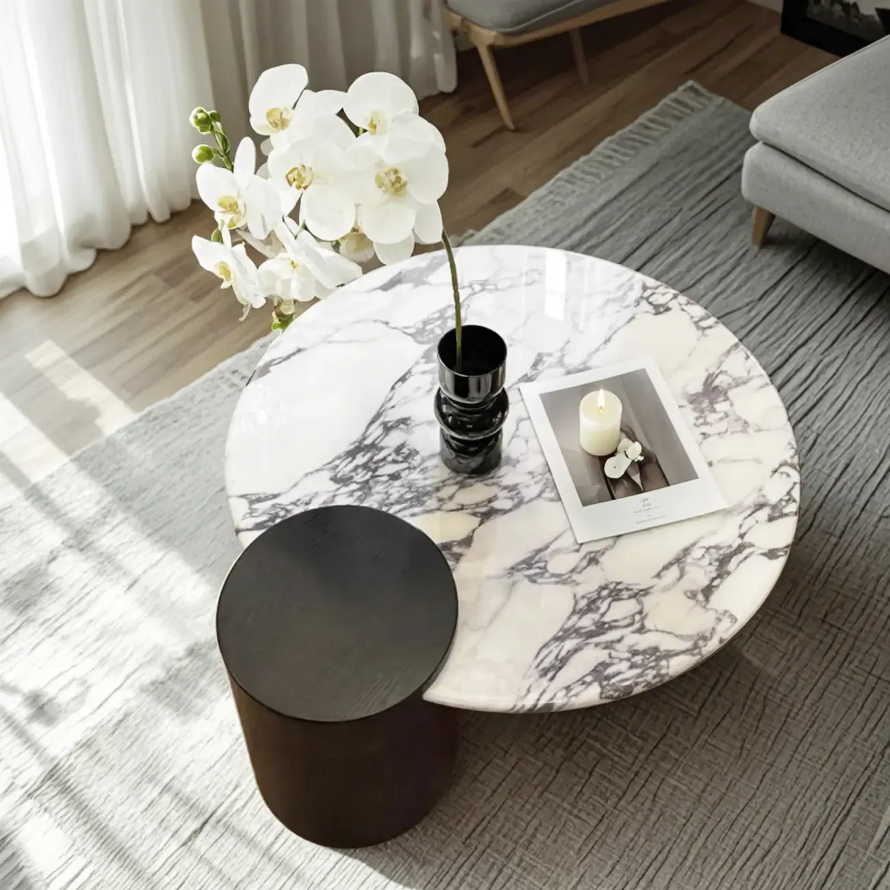 Elegant White Marble Round Wood Coffee Table
