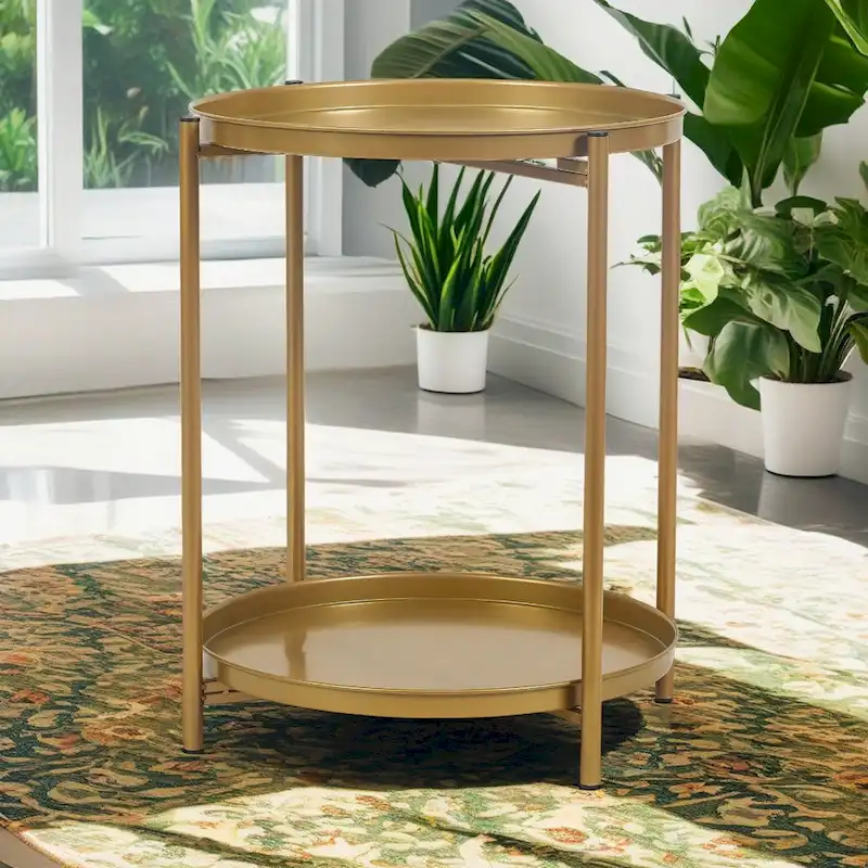 Adeco Side Table 2-Tier Metal Round End Table with Removable Tray - 17.5(D)x 17.5(W)x 20.7(H)