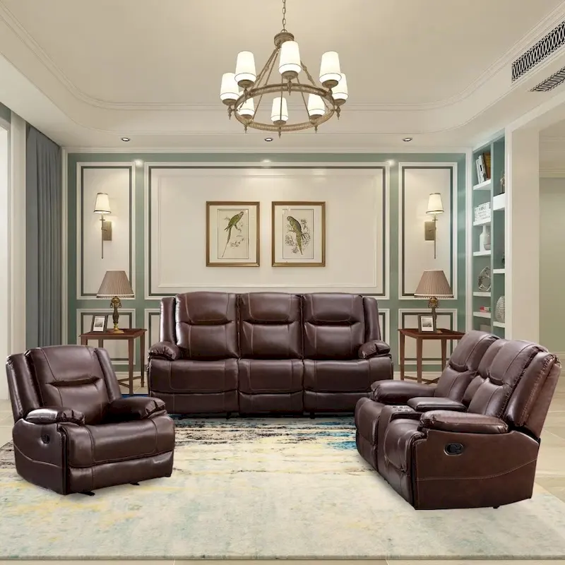 Genuine Leather Mid-century Modern Style Manual Recliners Sofa Set