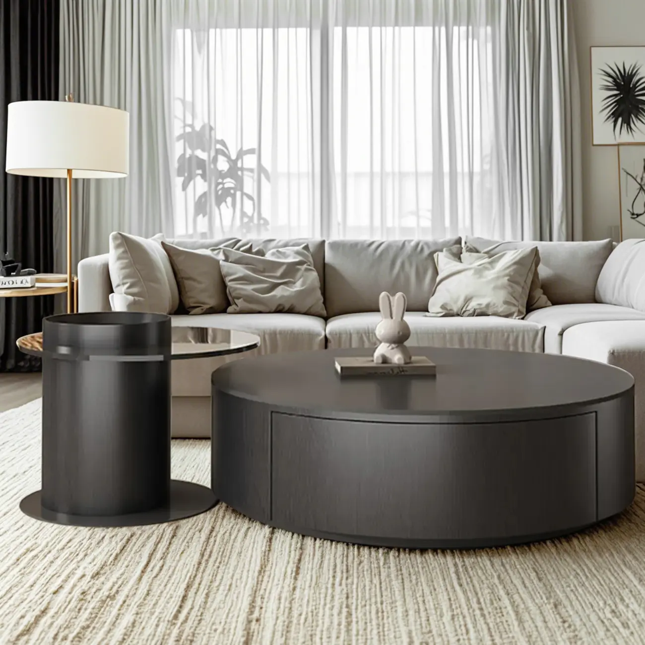 Black Modern Sleek Nesting Round Wood Drawer Coffee Table
