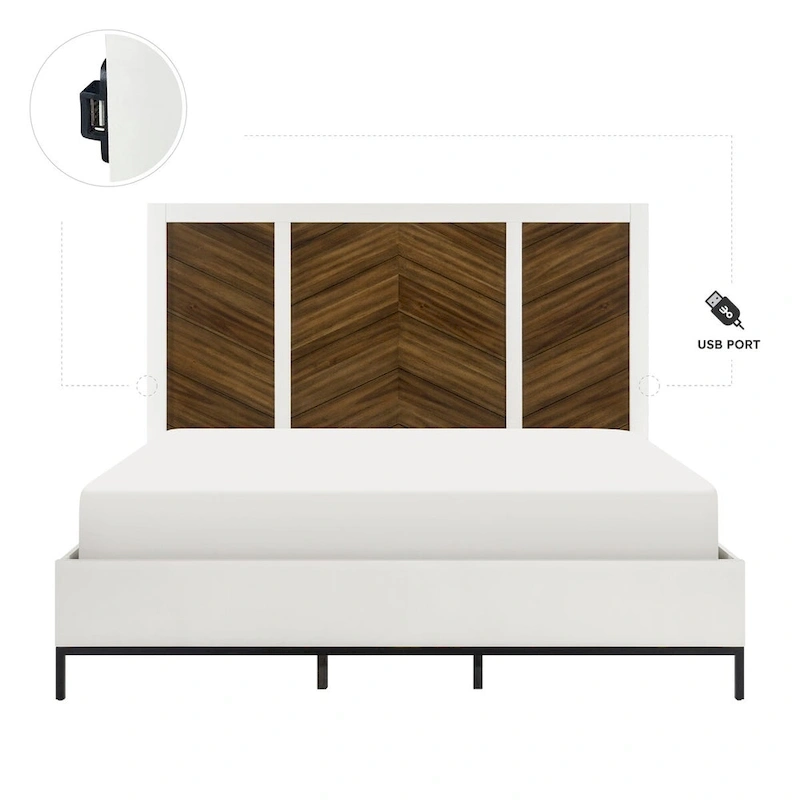 White and Walnut Finish 1pc Bed Chevron Pattern Headboard