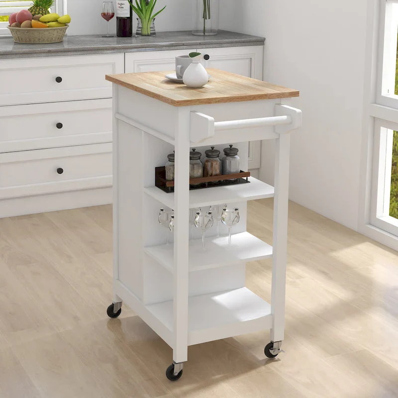 Nestfair White Kitchen Cart with Towel Rack and Wood Table Top