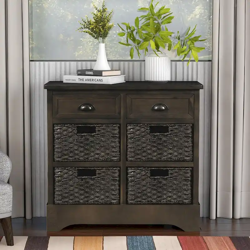 Rustic Storage Cabinet with Two Drawers and Four Classic Rattan Basket - 28L x 11.8W x 28H