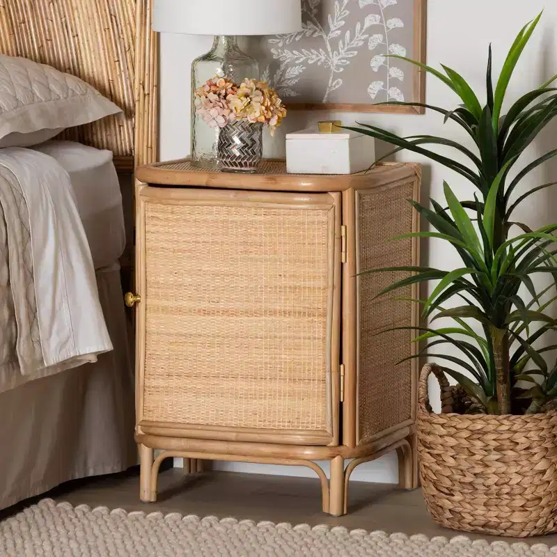 Natural Rattan Nightstand, Brown, Single Door with 2 Shelves