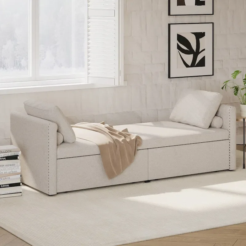 Modern Upholstered Chaise Lounger Daybed Small Single Daybed with 2 Drawers for Living Rooms