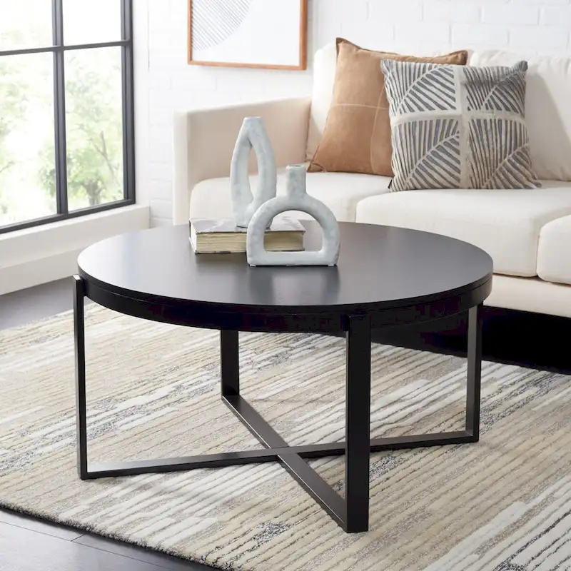 SAFAVIEH Deetta White Marble/ Black Round Coffee Table - 36 W x 36 D x 18 H - 36Wx36Dx18H