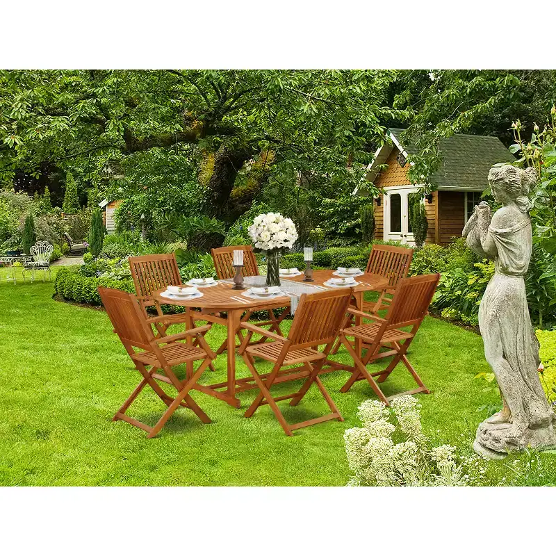 HomeStock 7-Piece Natural Oak Finish Solid Wood Top Dining Table with 6 Chairs