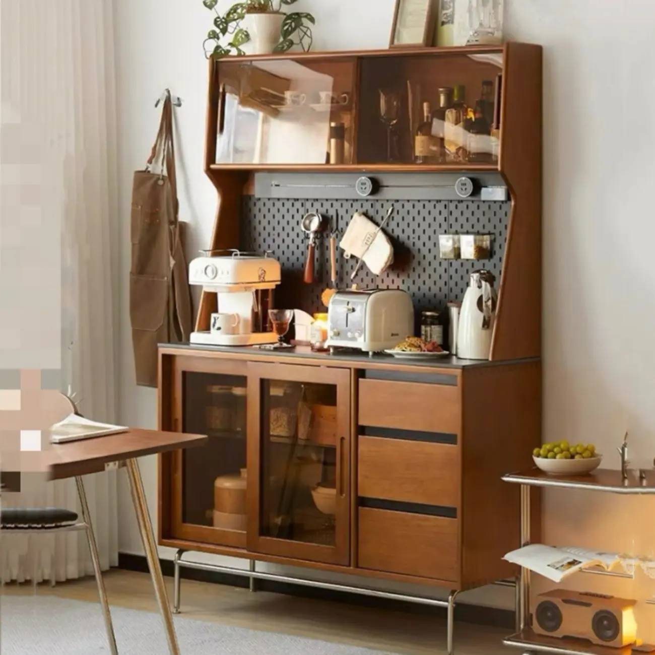 Modern Pine Cherry Wood Sliding Door Buffet