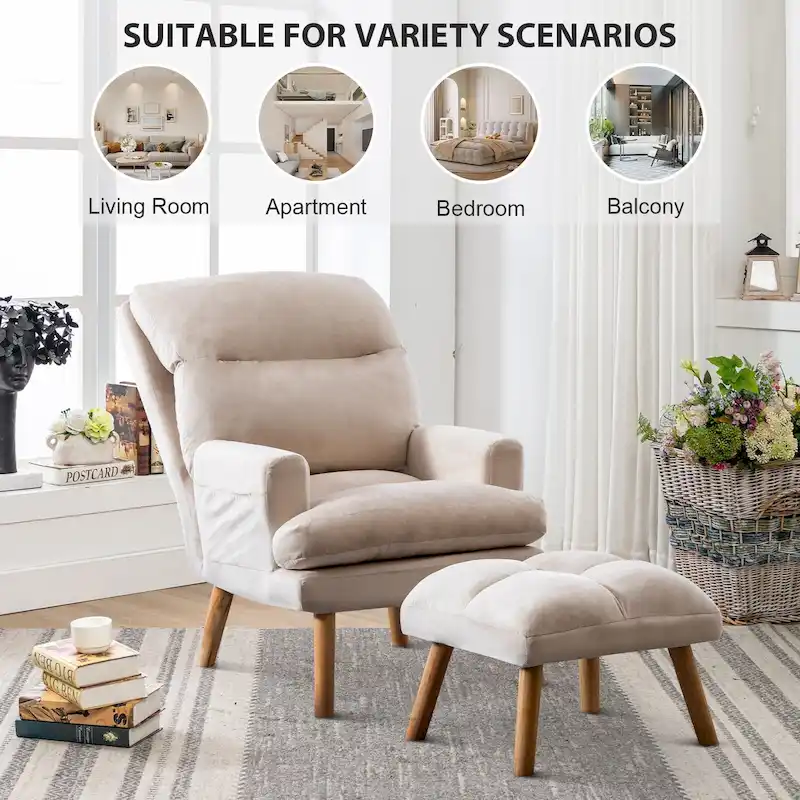 Soft Fabric Casual Living Room Armchair With Adjustable Backrest And Legs Stool