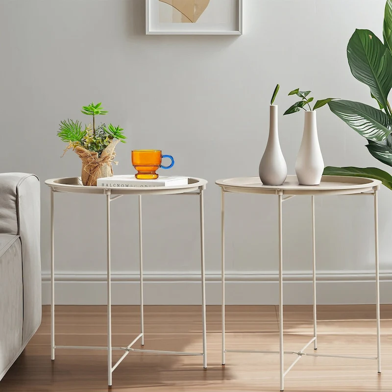 Javlergo Set of 2 Folding Round TV Tray Tables, Small Round Steel Side Table, No Assembly Required - 18.5 x 18.5 x 19.7 in