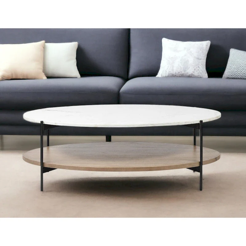 HomeRoots 48 Brown and Black Genuine Marble and Metal Oval Coffee Table With Shelf - 30
