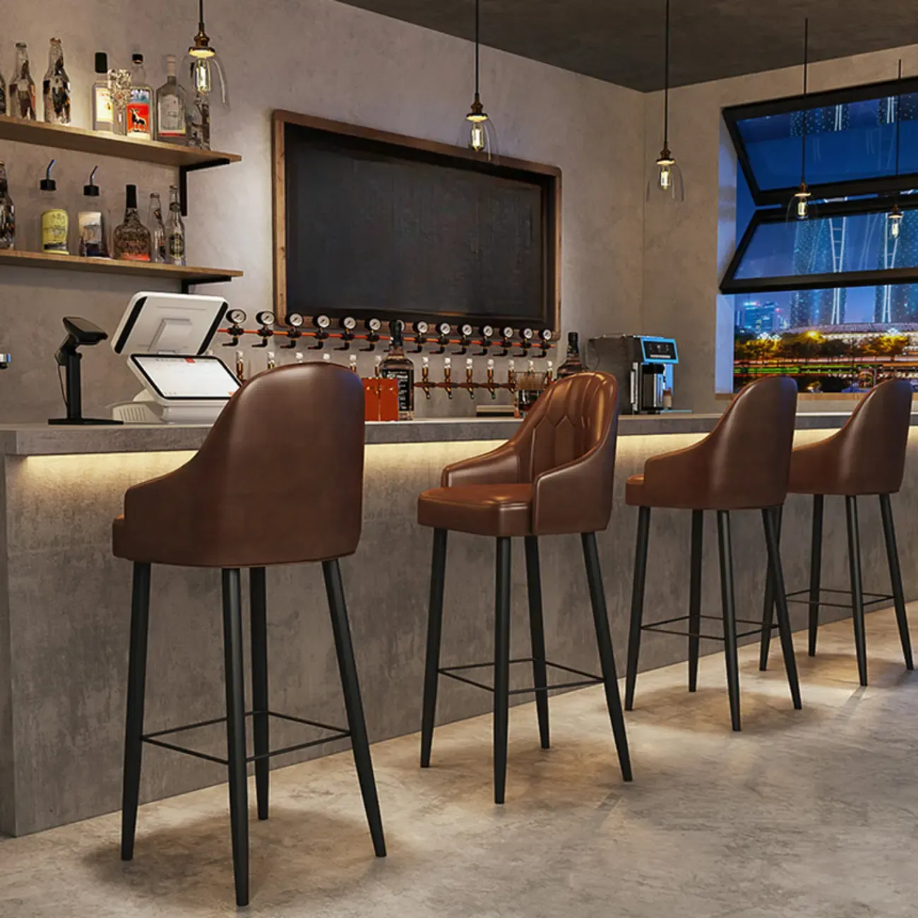 Mid-century Modern Saddle Brown Bucket Upholstered Leather Bar Stools