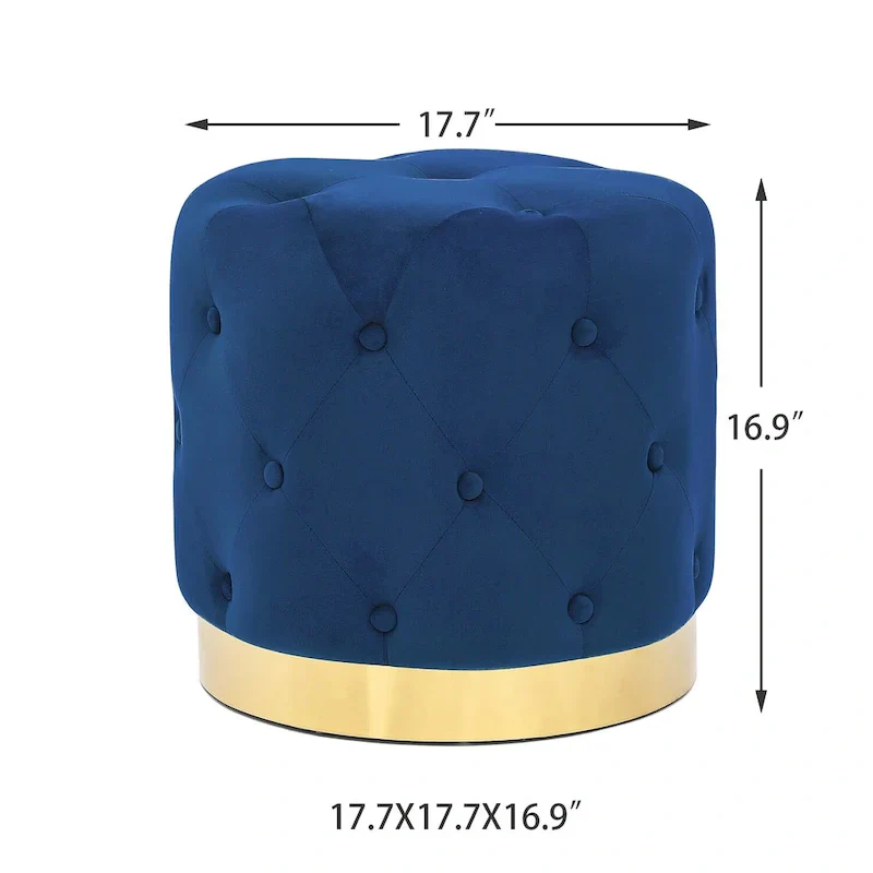 Adeco Round Velvet Ottoman Vanity Footrest Stool Gold Plating Base