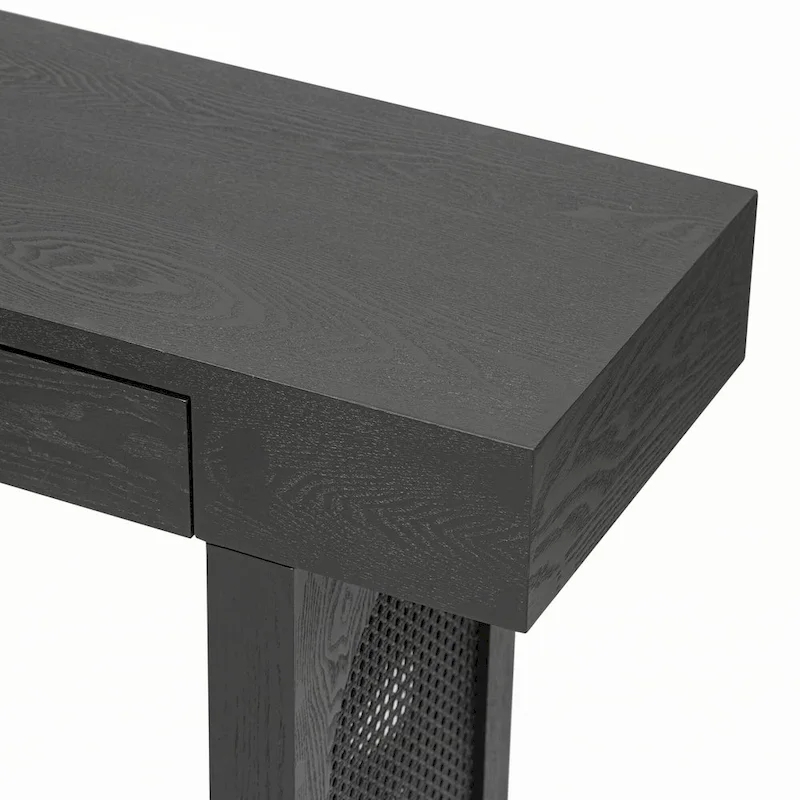 Narrow Console Table with Rattan Accent(Antique Black)