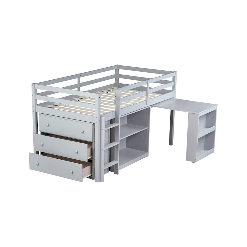 Twin Loft Bed with ,Drawer Cabinet, Shelf Cabinet and Pulling -Out Desk,Rubber Wood Loft Bed with Safety Guardrail ,Ladder,Grey