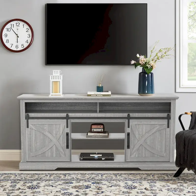 68 Farmhouse Grey Sliding Barn Door TV Stand with Storage Open Compartment