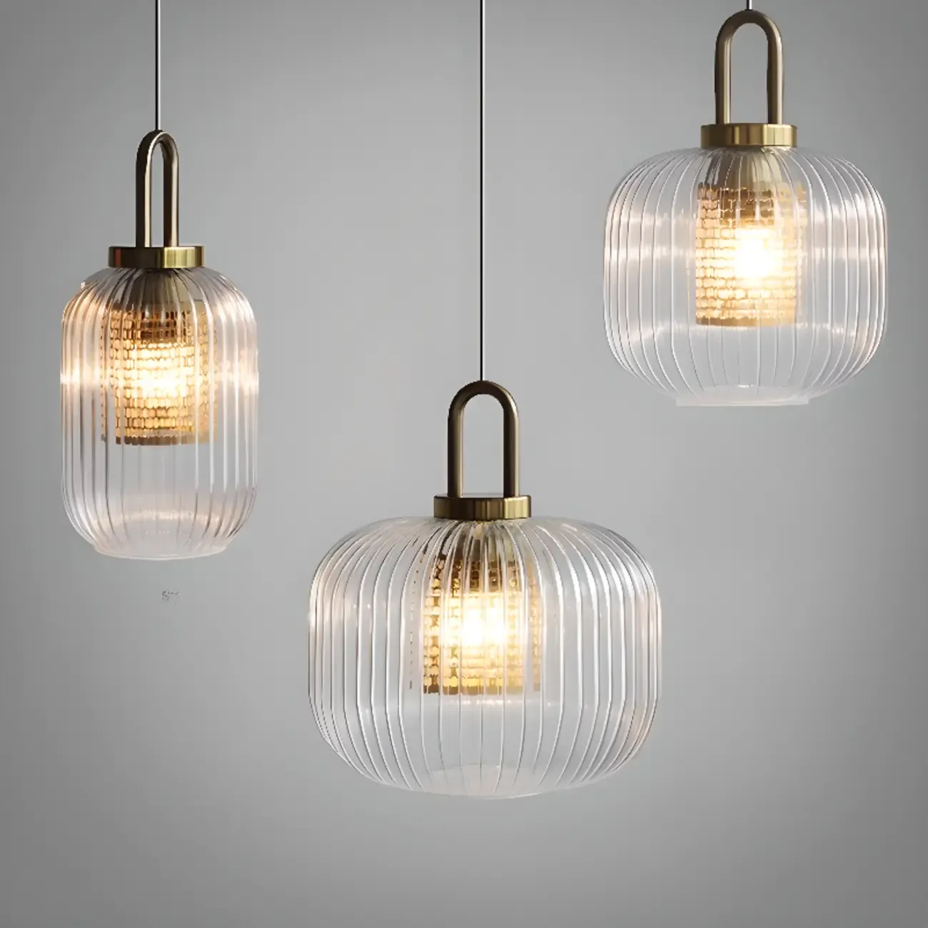 Gold Metal Ribbed Clear Glass Kitchen Pendant Light