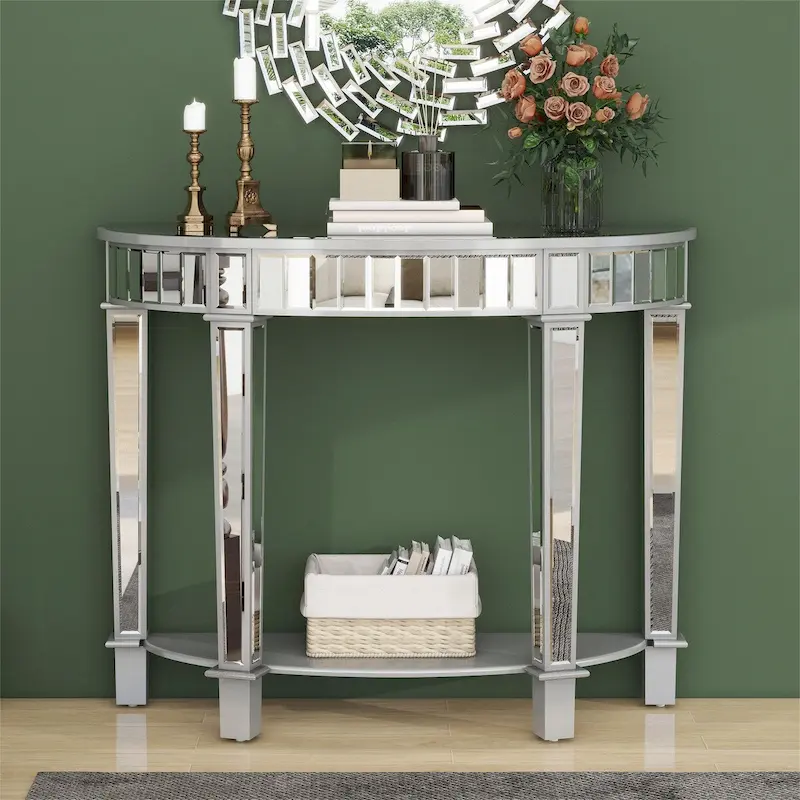 Mirror Circular Curved Console Table with Shelf