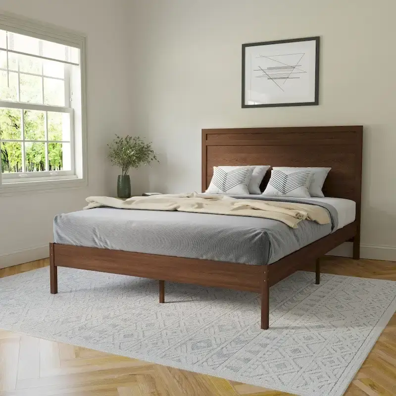Modern Solid Wood Platform Bed with Headboard and Wooden Slats