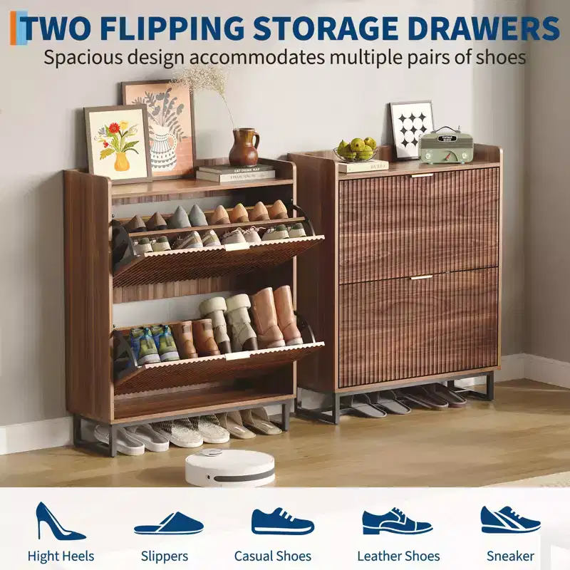White Flip-Down Shoe Cabinet, Slim Style, 2-Person