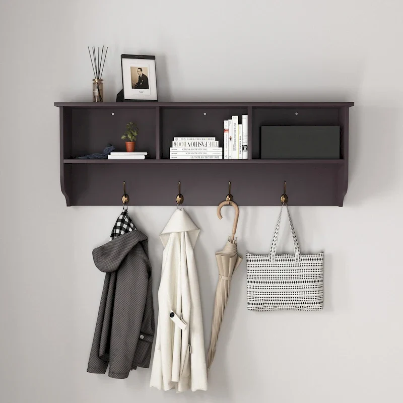 Wall Mounted Coat Rack with 4 Dual Hooks and Wooden Shelf