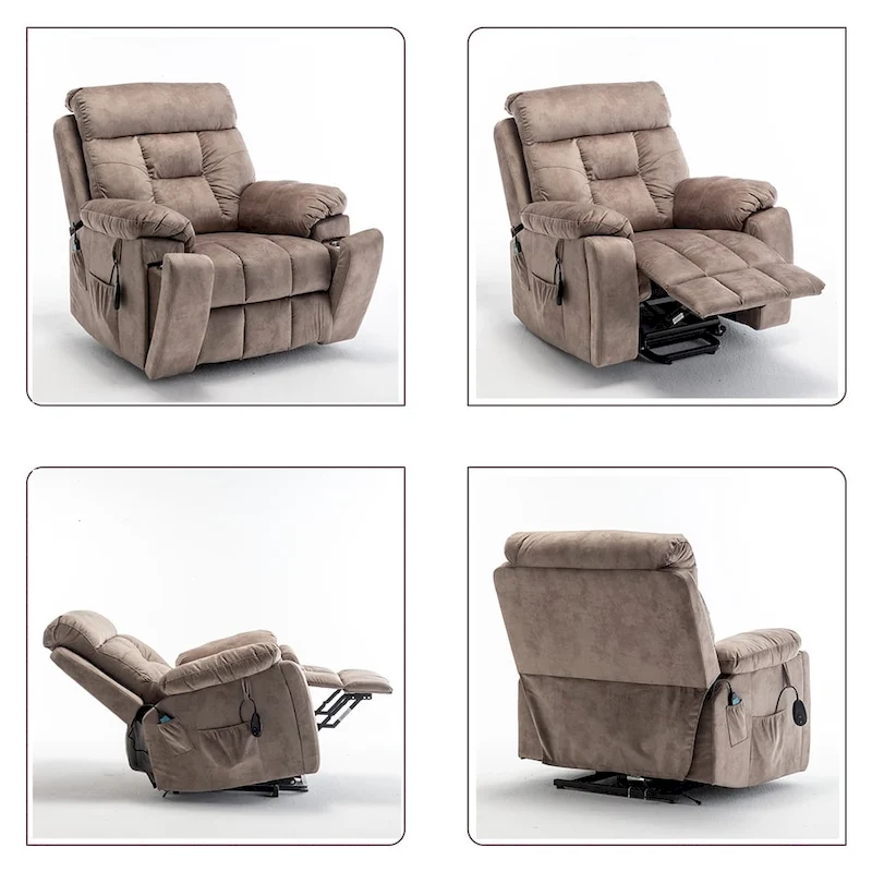 Power Lift Recliner, Massage & Heat, Velvet, 8-Point Massage, Cup Holder, Reclines 160°, Seats 1, Light/Dark Brown
