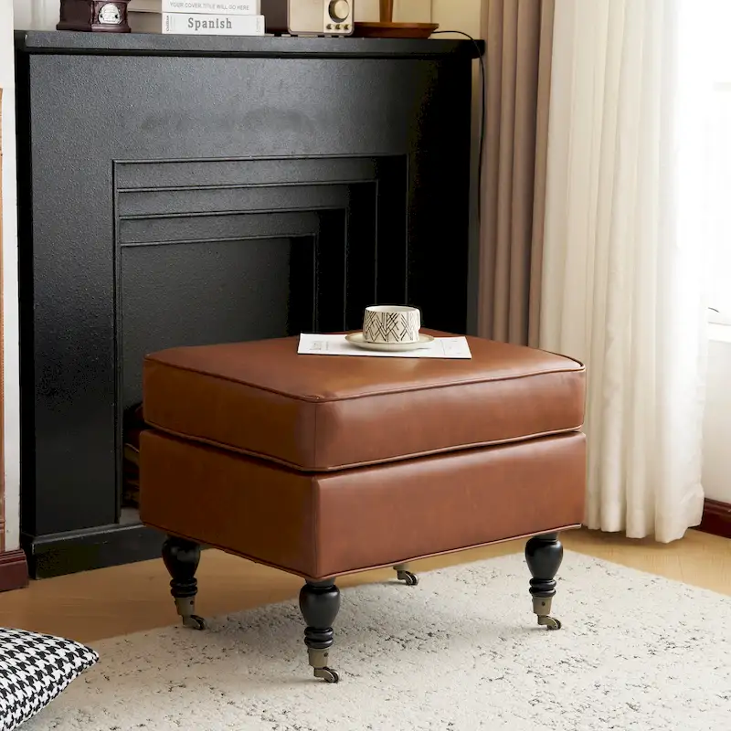 Christopher Knight Home - Edward Classic Square PU Leather Ottoman with Solid Wood Legs and Casters