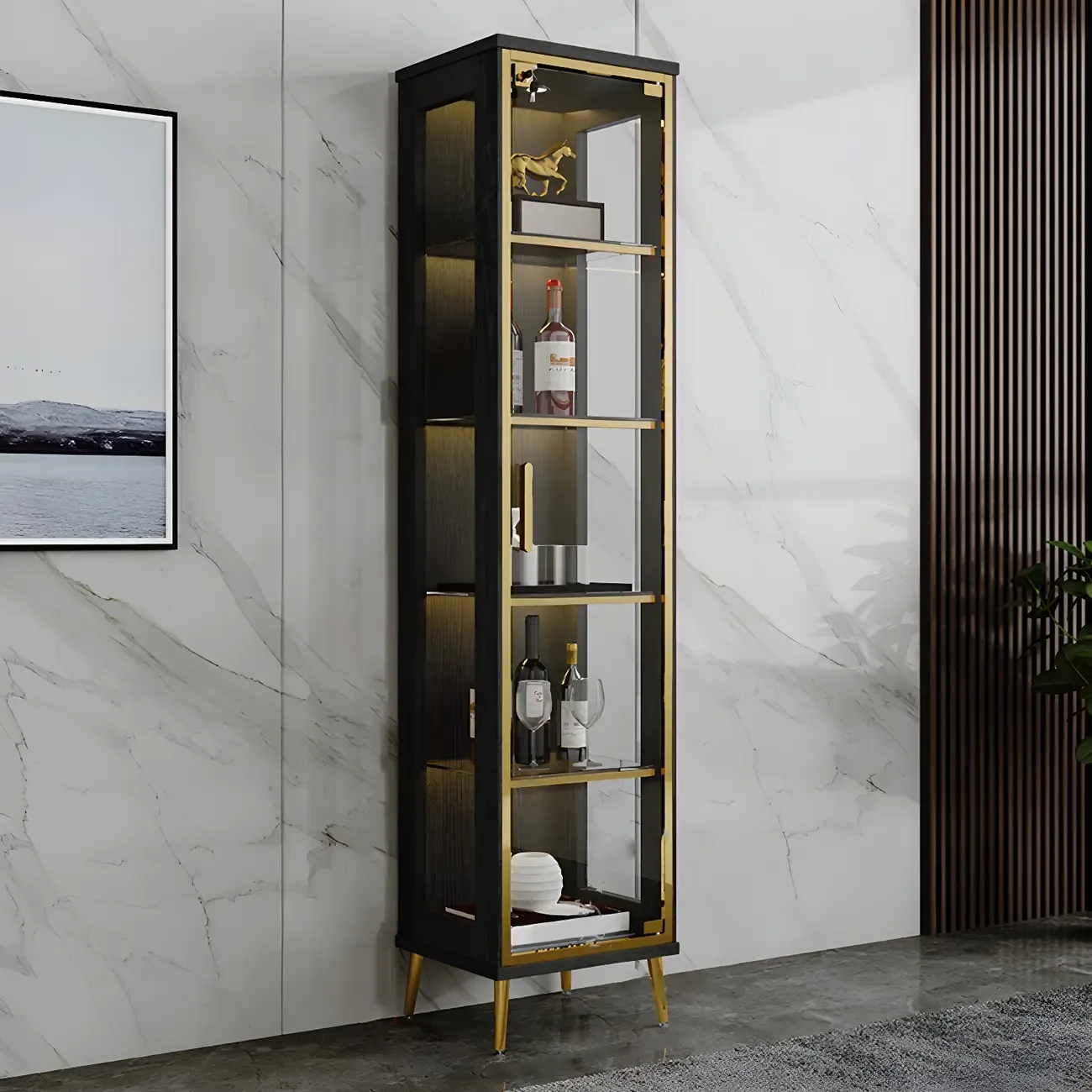 Glam Black Wooden Glass Display Cabinet