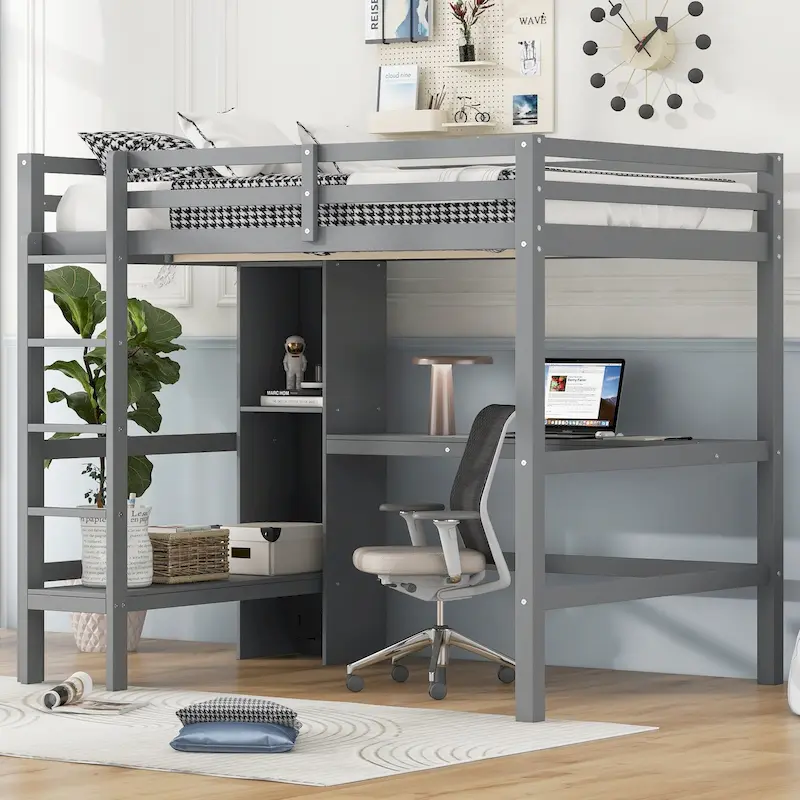 Full Size Loft Bed with Storage Shelves and Desk, Multi-functional Kids Bed Frame with Open Bookcase