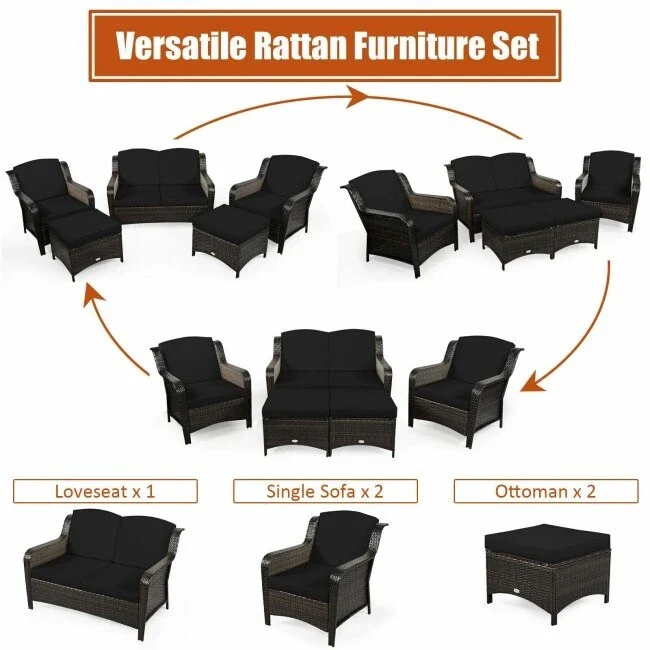 5 Pieces Patio Rattan Sofa Set with Cushion and Ottoman - 51 x 33.5 x 33 (L x W x H)