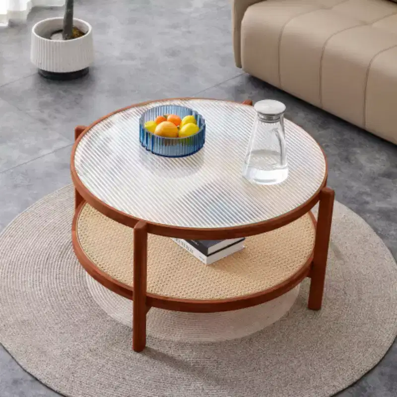 Brown Round 2-Tier Coffee Table, Glass & Rattan Top, Wood Frame