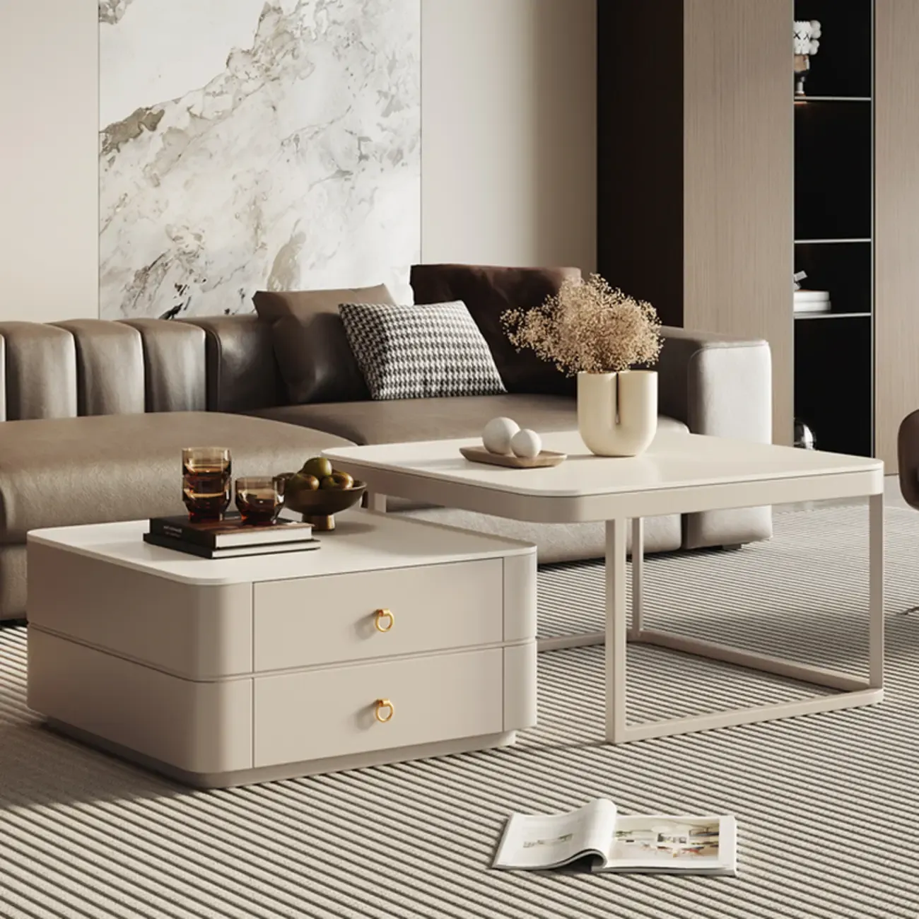 Anti-Scratch Stone Top White Nesting Coffee Table with Storage