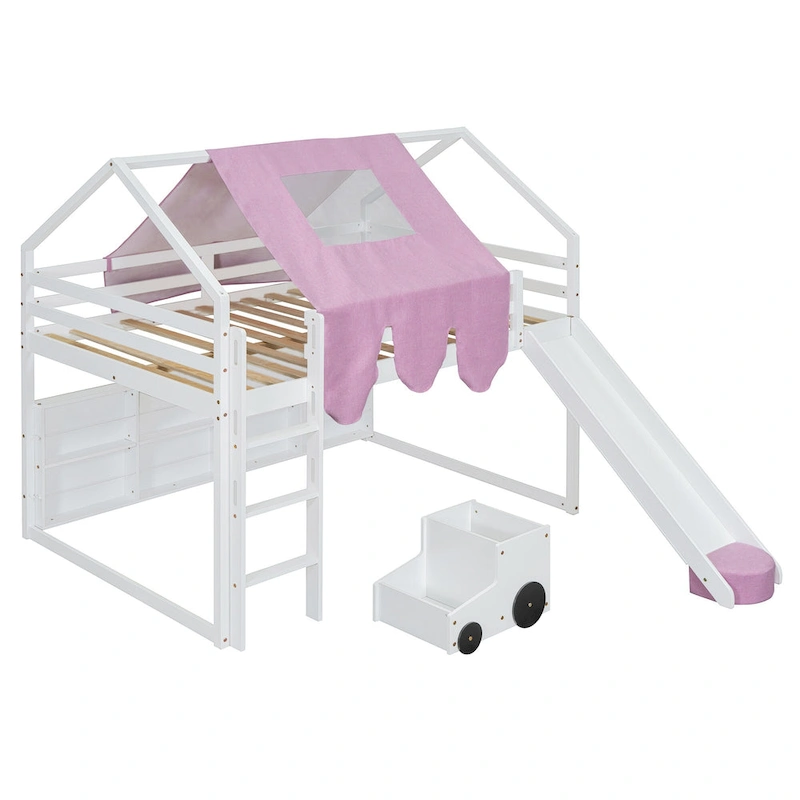 Full Loft Bed with Play Tent, House Design, Slide & Ladder