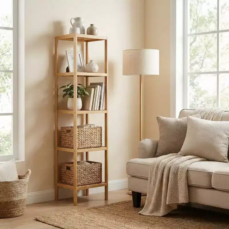 Natural Wood 5-Tier Narrow Shelf – Slatted, Floor Standing, Single-Person Assembly