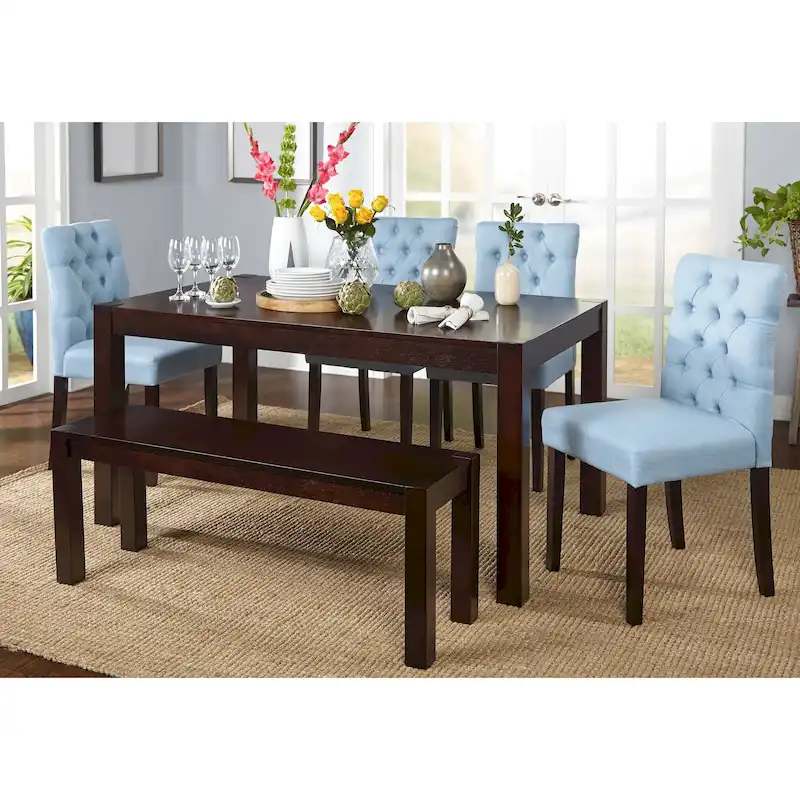 Simple Living Annie Espresso, Grey Rubberwood and Fabric 6-piece Dining Set with Dining Bench