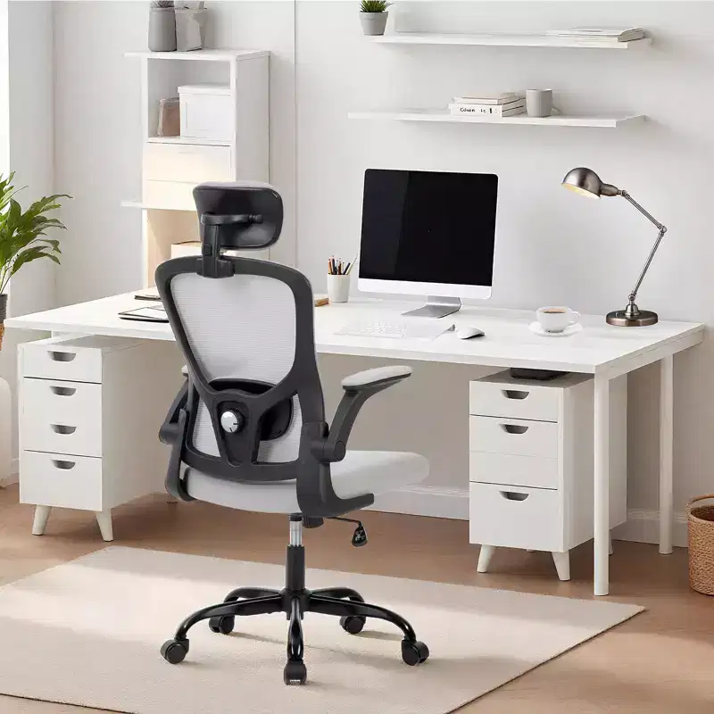 Premium Ergonomic High-Grey Mesh Office Chair - Adjustable Headrest & Reclining Backrest, 360 Swivel - Silent Casters, Skin-Friendly & Durable