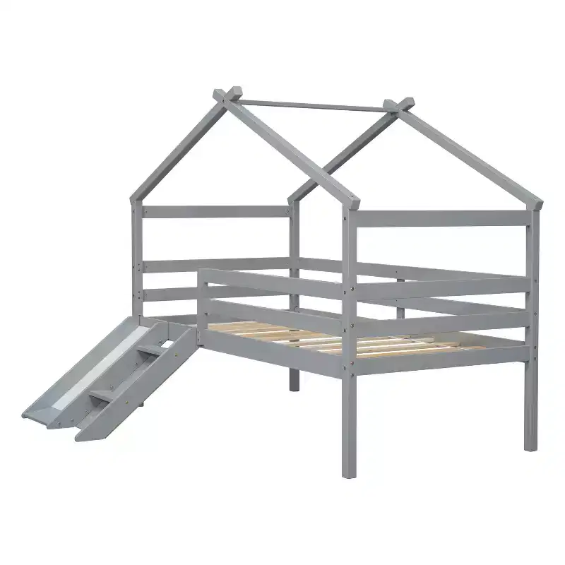 Whisen 81.7L x 67.6W Twin Low Loft House Bed with Slide, Ladder, Safety Guardrails, House Roof Frame