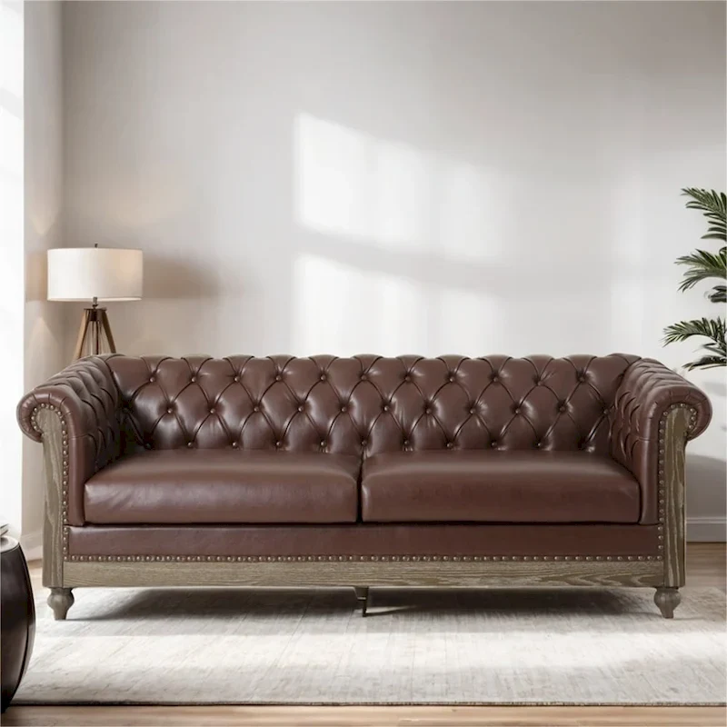 Retro 3 Seat PU Sofa with Wooden Frame and Legs