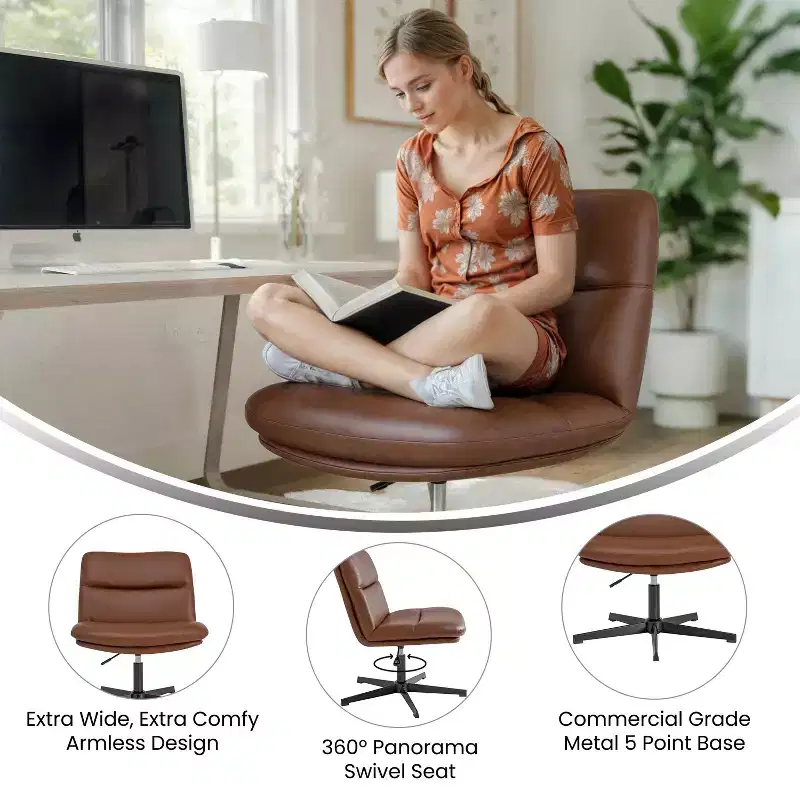 Merrick Lane Mid-Back Height-Adjustable Stationary Armless Swivel Office Chair - Padded Upholstered Wide Back and Seat, Strong Frame
