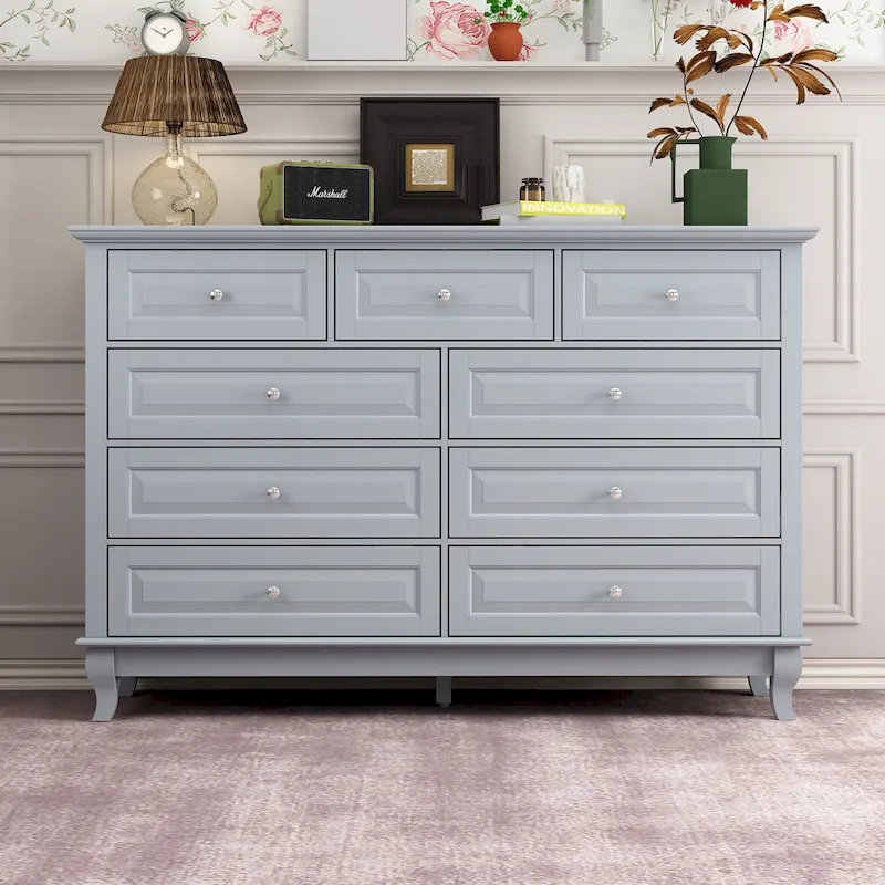 9-Drawer Dresser with Solid Wood Legs Chest Of Drawers Lacquer Console