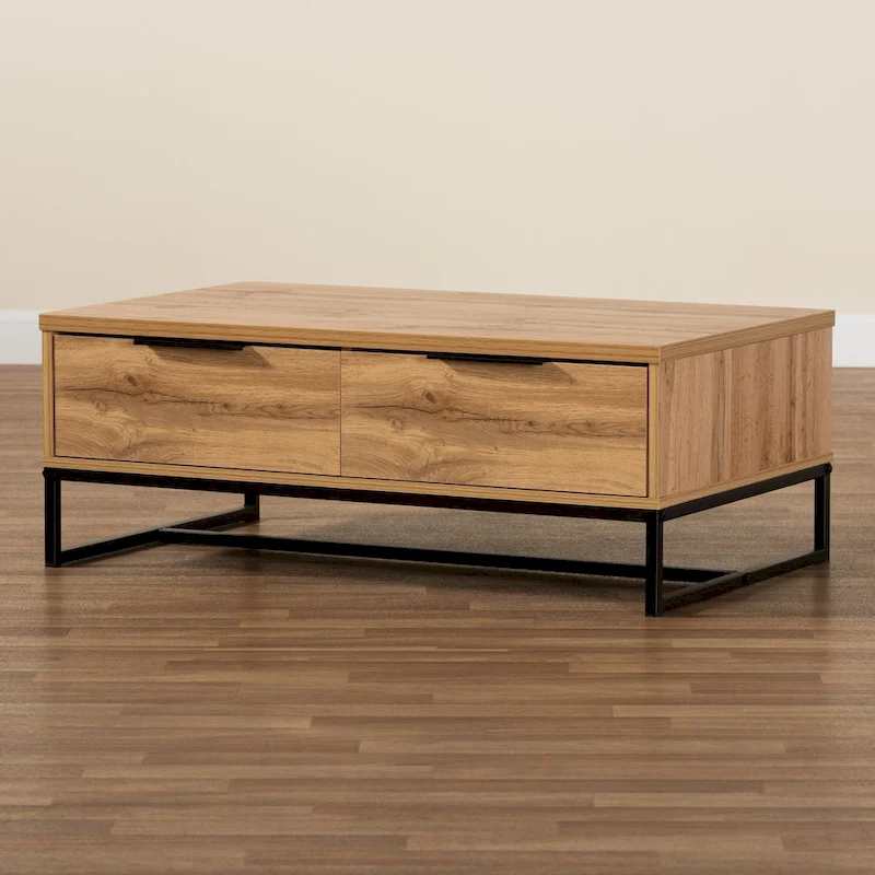 Franklin Oak Brown Wood and Black Metal 2-Drawer Coffee Table