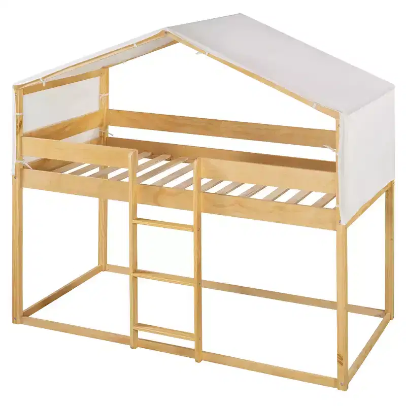 CLIHOME Rustic Twin Over Twin Wood Bunk Bed Frame with Tent and Ladder