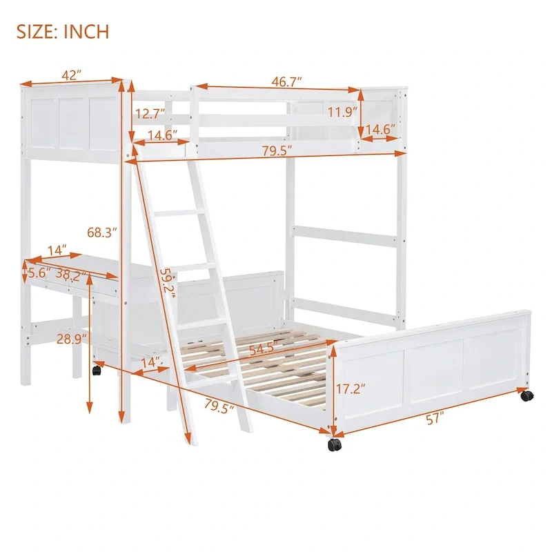 Twin Over Full Bunk Bed with Desk, Gray